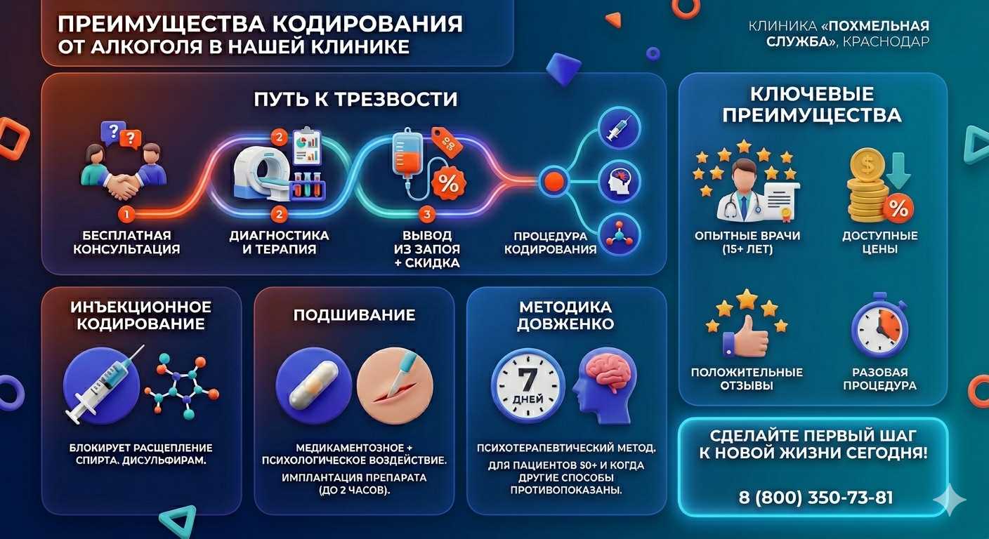 Инфографика о методах кодирования от алкоголя в Кущёвской: инъекции, подшивание, метод Довженко. Преимущества клиники и этапы лечения.