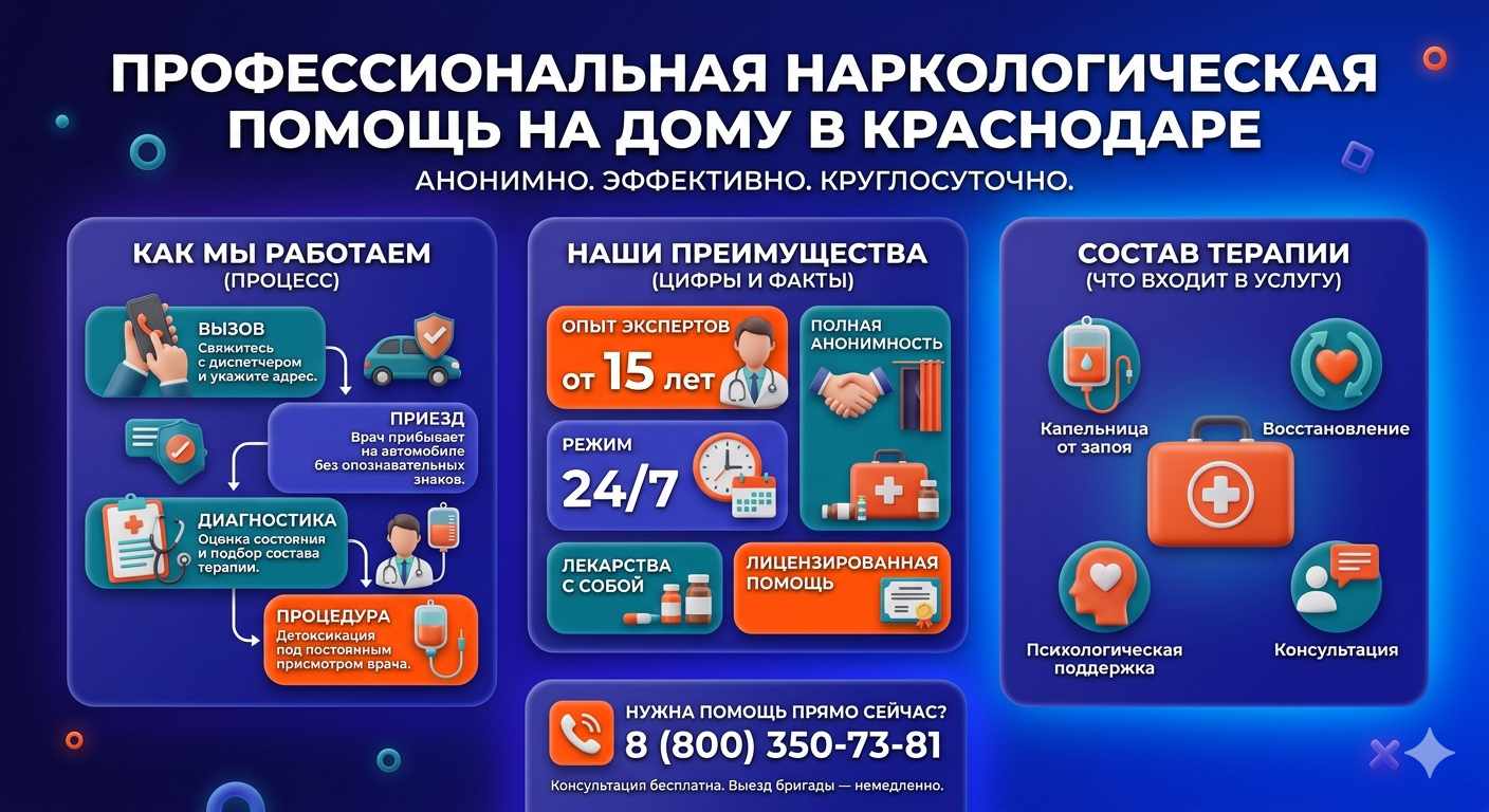 Инфографика о принципах лечения алкоголизма на дому в Кущёвской: этапы вызова нарколога, преимущества анонимной детоксикации и состав медицинской помощи.